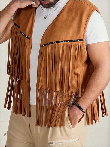 Men's Big and Tall Fringe Hem Sleeveless Vest Jacket 70s Hippie Faux Suede Western Cowboy Vest Waistcoat in Saudi Arabia