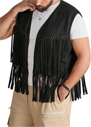 Men's Big and Tall Fringe Hem Sleeveless Vest Jacket 70s Hippie Faux Suede Western Cowboy Vest Waistcoat in Saudi Arabia