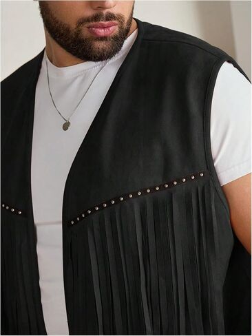 Men's Big and Tall Fringe Hem Sleeveless Vest Jacket 70s Hippie Faux Suede Western Cowboy Vest Waistcoat in Saudi Arabia