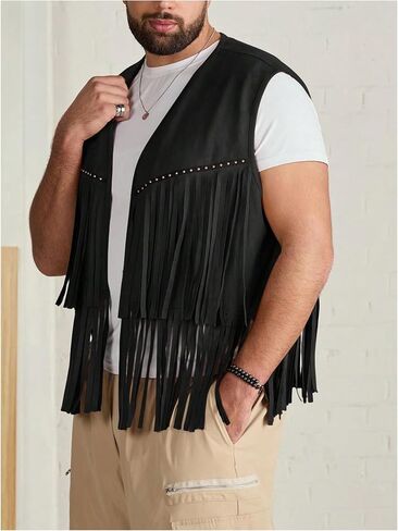 Men's Big and Tall Fringe Hem Sleeveless Vest Jacket 70s Hippie Faux Suede Western Cowboy Vest Waistcoat in Saudi Arabia