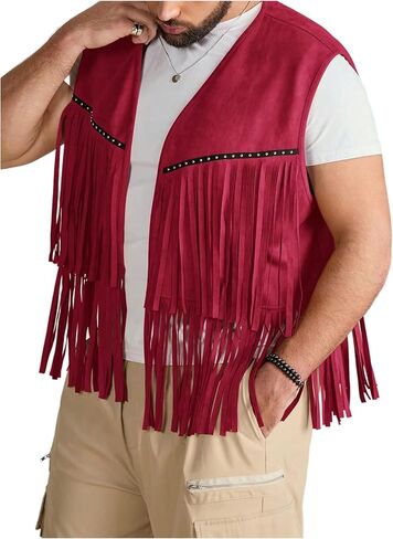 Men's Big and Tall Fringe Hem Sleeveless Vest Jacket 70s Hippie Faux Suede Western Cowboy Vest Waistcoat in Saudi Arabia