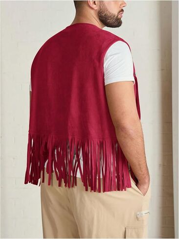 Men's Big and Tall Fringe Hem Sleeveless Vest Jacket 70s Hippie Faux Suede Western Cowboy Vest Waistcoat in Saudi Arabia