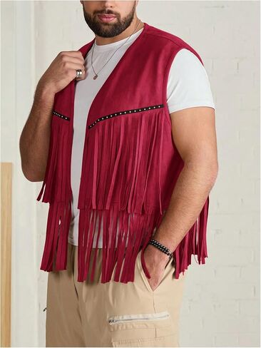 Men's Big and Tall Fringe Hem Sleeveless Vest Jacket 70s Hippie Faux Suede Western Cowboy Vest Waistcoat in Saudi Arabia