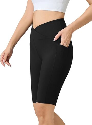 AARYA Women Cross Over High-Waist Athletic Bike Shorts Ribbed Stretch Butt Lifting Workout Short for Yoga & Gym, Side Pockets in Kuwait