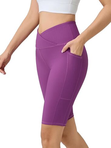 AARYA Women Cross Over High-Waist Athletic Bike Shorts Ribbed Stretch Butt Lifting Workout Short for Yoga & Gym, Side Pockets in Kuwait