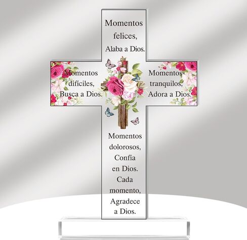 Shellwei Spanish Christian Acrylic Gifts Religious Cross Inspirational Gifts Spanish Cross Shape Acrylic Prayer Bible Verse Desk Decor for Women Men Xmas Birthday Gift (Classic) in Kuwait