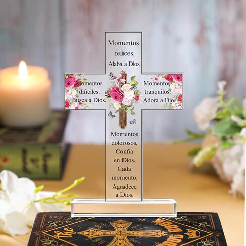 Shellwei Spanish Christian Acrylic Gifts Religious Cross Inspirational Gifts Spanish Cross Shape Acrylic Prayer Bible Verse Desk Decor for Women Men Xmas Birthday Gift (Classic) in Kuwait