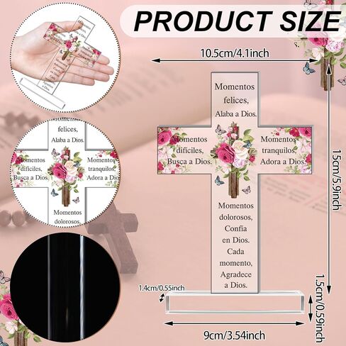 Shellwei Spanish Christian Acrylic Gifts Religious Cross Inspirational Gifts Spanish Cross Shape Acrylic Prayer Bible Verse Desk Decor for Women Men Xmas Birthday Gift (Classic) in Kuwait
