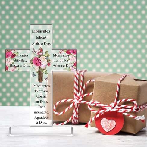 Shellwei Spanish Christian Acrylic Gifts Religious Cross Inspirational Gifts Spanish Cross Shape Acrylic Prayer Bible Verse Desk Decor for Women Men Xmas Birthday Gift (Classic) in Kuwait
