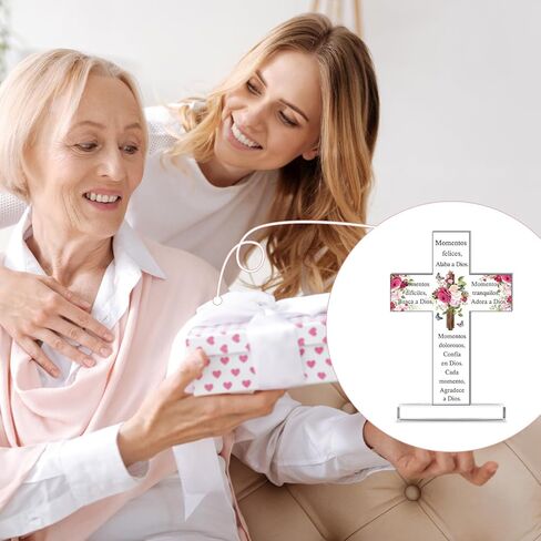 Shellwei Spanish Christian Acrylic Gifts Religious Cross Inspirational Gifts Spanish Cross Shape Acrylic Prayer Bible Verse Desk Decor for Women Men Xmas Birthday Gift (Classic) in Kuwait