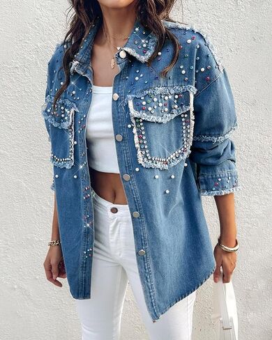CHICME Womens Casual Denim Jacket for Women 2025 Contrast Sequin Long Sleeve Rhinestone Denim Jackets in Saudi Arabia