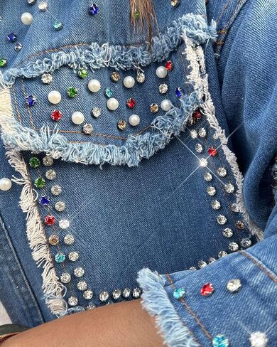 CHICME Womens Casual Denim Jacket for Women 2025 Contrast Sequin Long Sleeve Rhinestone Denim Jackets in Saudi Arabia