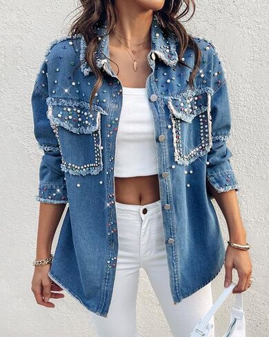 CHICME Womens Casual Denim Jacket for Women 2025 Contrast Sequin Long Sleeve Rhinestone Denim Jackets in Saudi Arabia