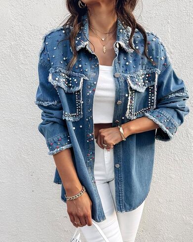 CHICME Womens Casual Denim Jacket for Women 2025 Contrast Sequin Long Sleeve Rhinestone Denim Jackets in Saudi Arabia
