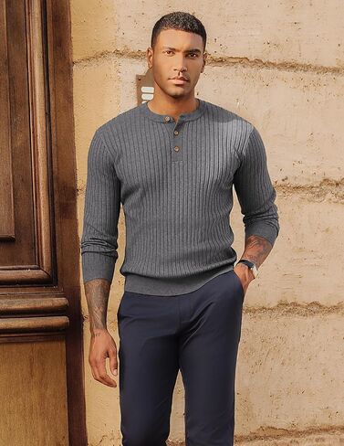 PJ PAUL JONES Mens Henley Sweater Lightweight Crewneck Sweater Knitted Stripe Pullover in Saudi Arabia