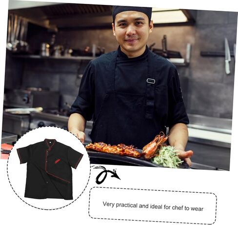 Unisex Short Sleeve Chef 6 Buttons Chef Coat Uniform Chef Coat Shirt Chef Coat Men for Service Restaurant (Black) in Kuwait