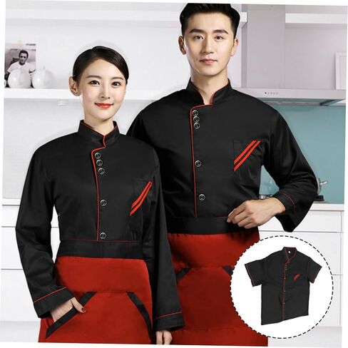 Unisex Short Sleeve Chef 6 Buttons Chef Coat Uniform Chef Coat Shirt Chef Coat Men for Service Restaurant (Black) in Kuwait