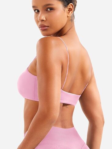 Voyjoy Women Spaghetti Strap Sports Bra مبطنة دعم منخفضة التأثير سلس كامي مربع الرقبة تجريب اليوغا محصول المحصول in Kuwait