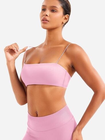 Voyjoy Women Spaghetti Strap Sports Bra مبطنة دعم منخفضة التأثير سلس كامي مربع الرقبة تجريب اليوغا محصول المحصول in Kuwait