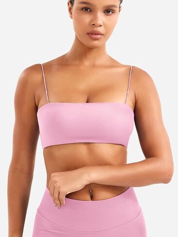 Voyjoy Women Spaghetti Strap Sports Bra مبطنة دعم منخفضة التأثير سلس كامي مربع الرقبة تجريب اليوغا محصول المحصول in Kuwait