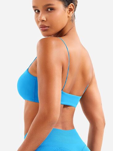 Voyjoy Women Spaghetti Strap Sports Bra مبطنة دعم منخفضة التأثير سلس كامي مربع الرقبة تجريب اليوغا محصول المحصول in Saudi Arabia