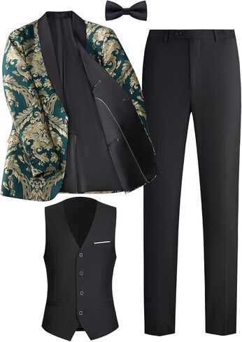 بدلة الرجال من 3 قطع شال صدر الباليرو مجموعة | سترة السترة Jacquard الأزهار ، سترة وسروال ضئيلة لحفل الزفاف in Kuwait