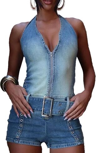 Mandonce Denim Romper للنساء قبالة Halter Halter v الرقبة المتعثرة Jean Shorts بذلة Bodycon مع حزام in Kuwait