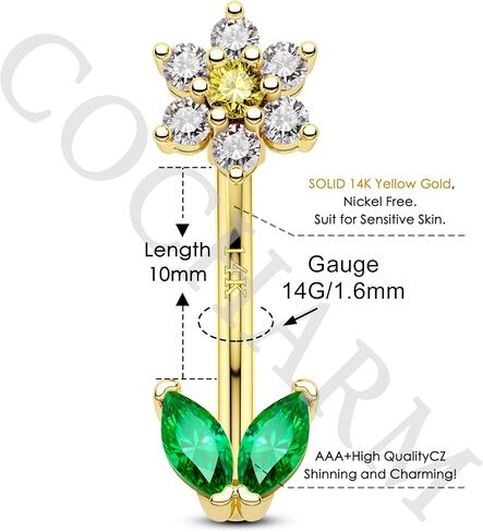 COCHARM 14K Real Gold Flower Belly Button Rings for Women 14K Yellow Gold Floral Belly Piercing Jewelry 14Kt Carat Belly Piercing 14g Navel Ring Cute Navel Bar in Saudi Arabia