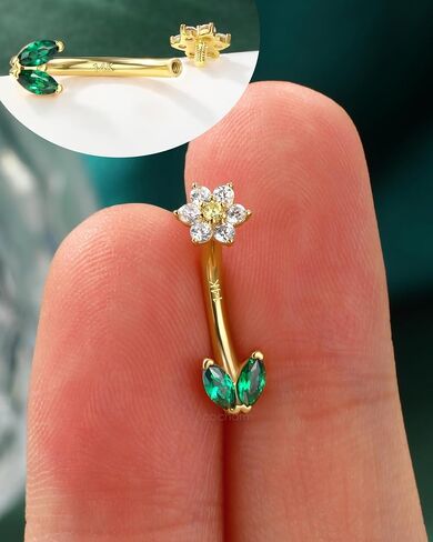 COCHARM 14K Real Gold Flower Belly Button Rings for Women 14K Yellow Gold Floral Belly Piercing Jewelry 14Kt Carat Belly Piercing 14g Navel Ring Cute Navel Bar in Saudi Arabia