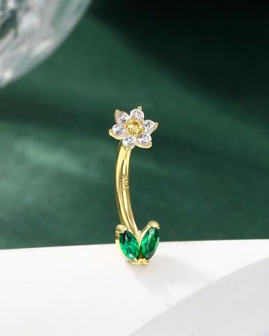 COCHARM 14K Real Gold Flower Belly Button Rings for Women 14K Yellow Gold Floral Belly Piercing Jewelry 14Kt Carat Belly Piercing 14g Navel Ring Cute Navel Bar in Saudi Arabia