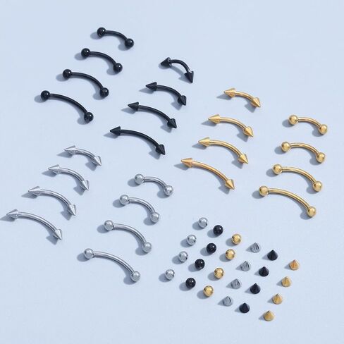 Newitin 48 قطع الحاجب مثقوب المجوهرات 16g الفولاذ الجراحي منحني الحاجب حلقة العمودية الشفاه الشفاه المجوهر in Saudi Arabia