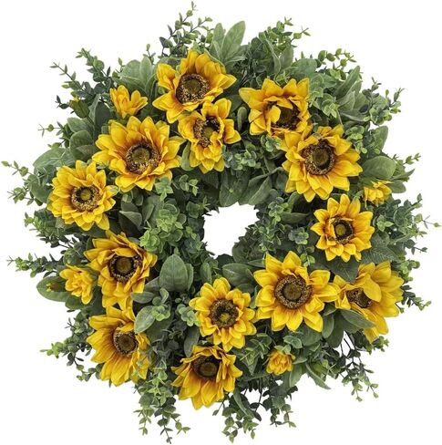 20 Inch Sunflower Wreath for Front Door, Artificial Spring Wreath with Yellow Flowers Green Leaves for All Seasons Indoor Outdoor Home Wall Farmhouse Holiday Decor in Kuwait