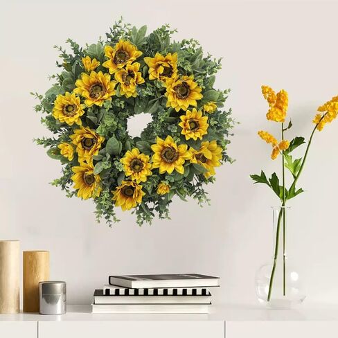 20 Inch Sunflower Wreath for Front Door, Artificial Spring Wreath with Yellow Flowers Green Leaves for All Seasons Indoor Outdoor Home Wall Farmhouse Holiday Decor in Kuwait