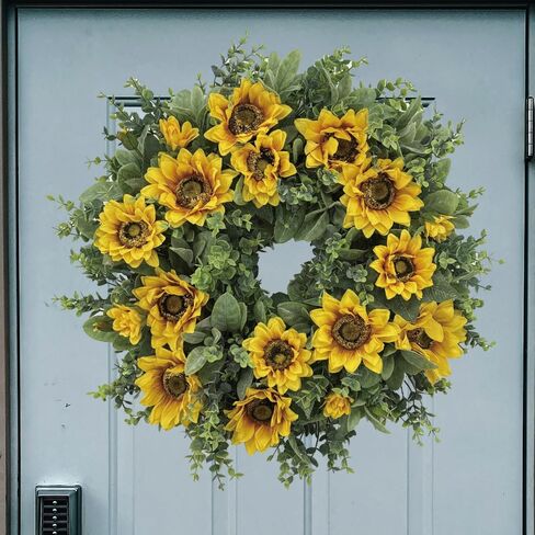 20 Inch Sunflower Wreath for Front Door, Artificial Spring Wreath with Yellow Flowers Green Leaves for All Seasons Indoor Outdoor Home Wall Farmhouse Holiday Decor in Kuwait