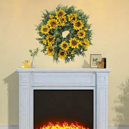 20 Inch Sunflower Wreath for Front Door, Artificial Spring Wreath with Yellow Flowers Green Leaves for All Seasons Indoor Outdoor Home Wall Farmhouse Holiday Decor in Kuwait