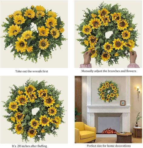 20 Inch Sunflower Wreath for Front Door, Artificial Spring Wreath with Yellow Flowers Green Leaves for All Seasons Indoor Outdoor Home Wall Farmhouse Holiday Decor in Kuwait