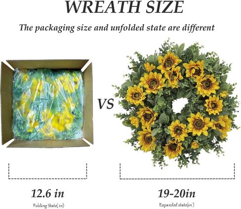 20 Inch Sunflower Wreath for Front Door, Artificial Spring Wreath with Yellow Flowers Green Leaves for All Seasons Indoor Outdoor Home Wall Farmhouse Holiday Decor in Kuwait