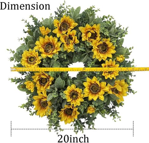 20 Inch Sunflower Wreath for Front Door, Artificial Spring Wreath with Yellow Flowers Green Leaves for All Seasons Indoor Outdoor Home Wall Farmhouse Holiday Decor in Kuwait