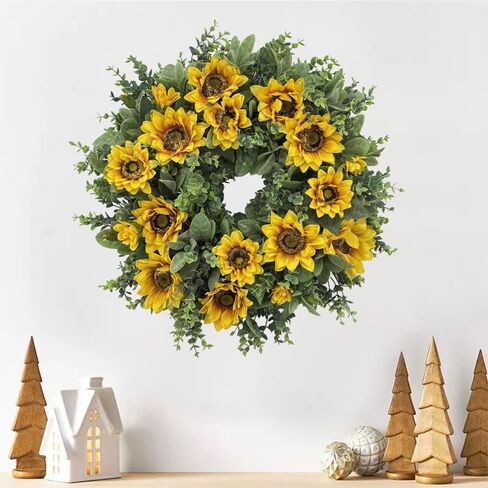 20 Inch Sunflower Wreath for Front Door, Artificial Spring Wreath with Yellow Flowers Green Leaves for All Seasons Indoor Outdoor Home Wall Farmhouse Holiday Decor in Kuwait