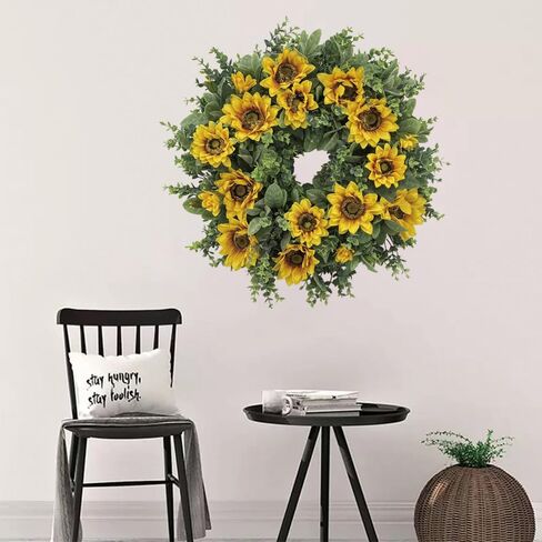 20 Inch Sunflower Wreath for Front Door, Artificial Spring Wreath with Yellow Flowers Green Leaves for All Seasons Indoor Outdoor Home Wall Farmhouse Holiday Decor in Kuwait