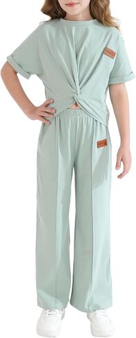 GRNSHTS Girls Clothing Sets Kids Summer Short Sleeve Twist Front Tops Wide Leg Pants Sweatsuit Loungwear Casual Set 6-12Y in Saudi Arabia