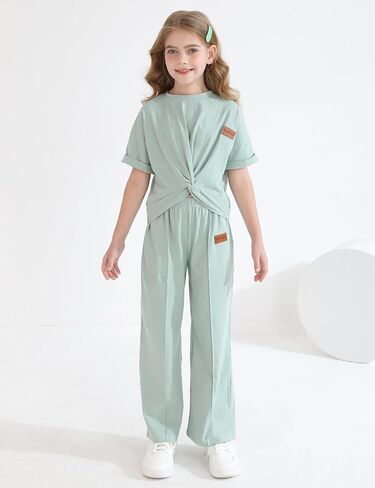 GRNSHTS Girls Clothing Sets Kids Summer Short Sleeve Twist Front Tops Wide Leg Pants Sweatsuit Loungwear Casual Set 6-12Y in Saudi Arabia