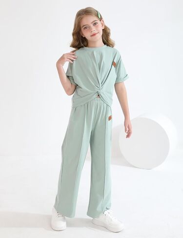 GRNSHTS Girls Clothing Sets Kids Summer Short Sleeve Twist Front Tops Wide Leg Pants Sweatsuit Loungwear Casual Set 6-12Y in Saudi Arabia