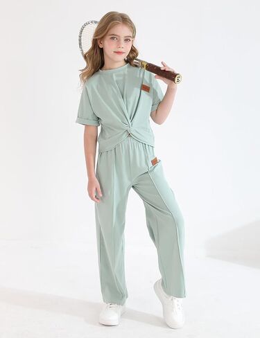 GRNSHTS Girls Clothing Sets Kids Summer Short Sleeve Twist Front Tops Wide Leg Pants Sweatsuit Loungwear Casual Set 6-12Y in Saudi Arabia