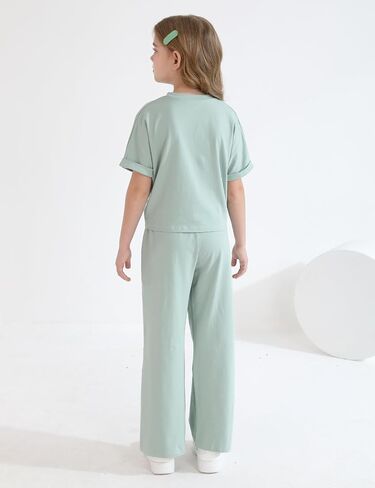 GRNSHTS Girls Clothing Sets Kids Summer Short Sleeve Twist Front Tops Wide Leg Pants Sweatsuit Loungwear Casual Set 6-12Y in Saudi Arabia