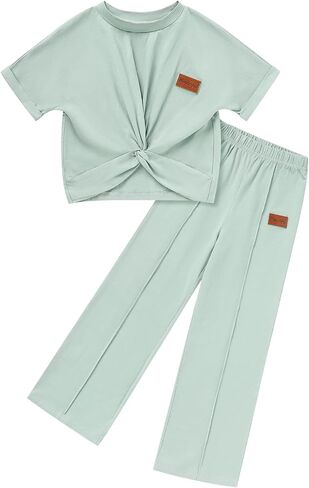 GRNSHTS Girls Clothing Sets Kids Summer Short Sleeve Twist Front Tops Wide Leg Pants Sweatsuit Loungwear Casual Set 6-12Y in Saudi Arabia