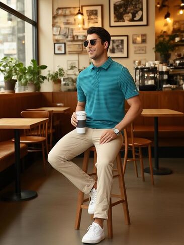 QPNGRP Golf Shirts for Men Short Sleeve Striped Casual Performance Collared Mens Polo Shirts in Kuwait
