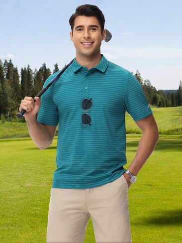 QPNGRP Golf Shirts for Men Short Sleeve Striped Casual Performance Collared Mens Polo Shirts in Kuwait