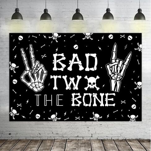 Bad Two The Bone Backdrop Banner, Skeleton Theme 2nd Birthday Decorations for Boys Girls Music Rock and Roll Birthday Party Photography Background in Saudi Arabia