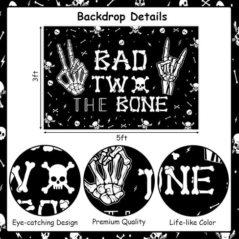 Bad Two The Bone Backdrop Banner, Skeleton Theme 2nd Birthday Decorations for Boys Girls Music Rock and Roll Birthday Party Photography Background in Saudi Arabia